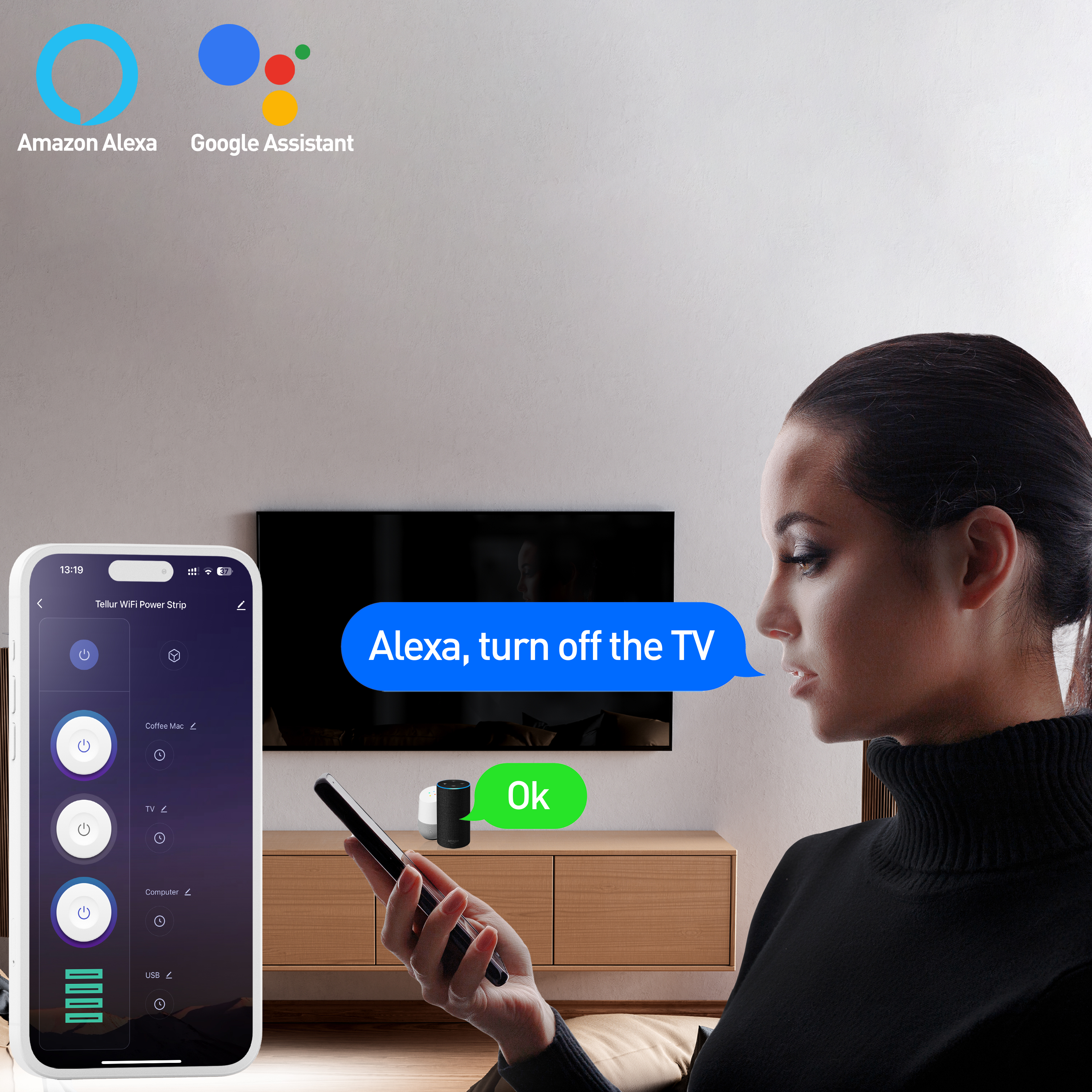 Kobieta używająca telefonu do wyłączenia telewizora, z widocznym interfejsem aplikacji inteligentnego domu.