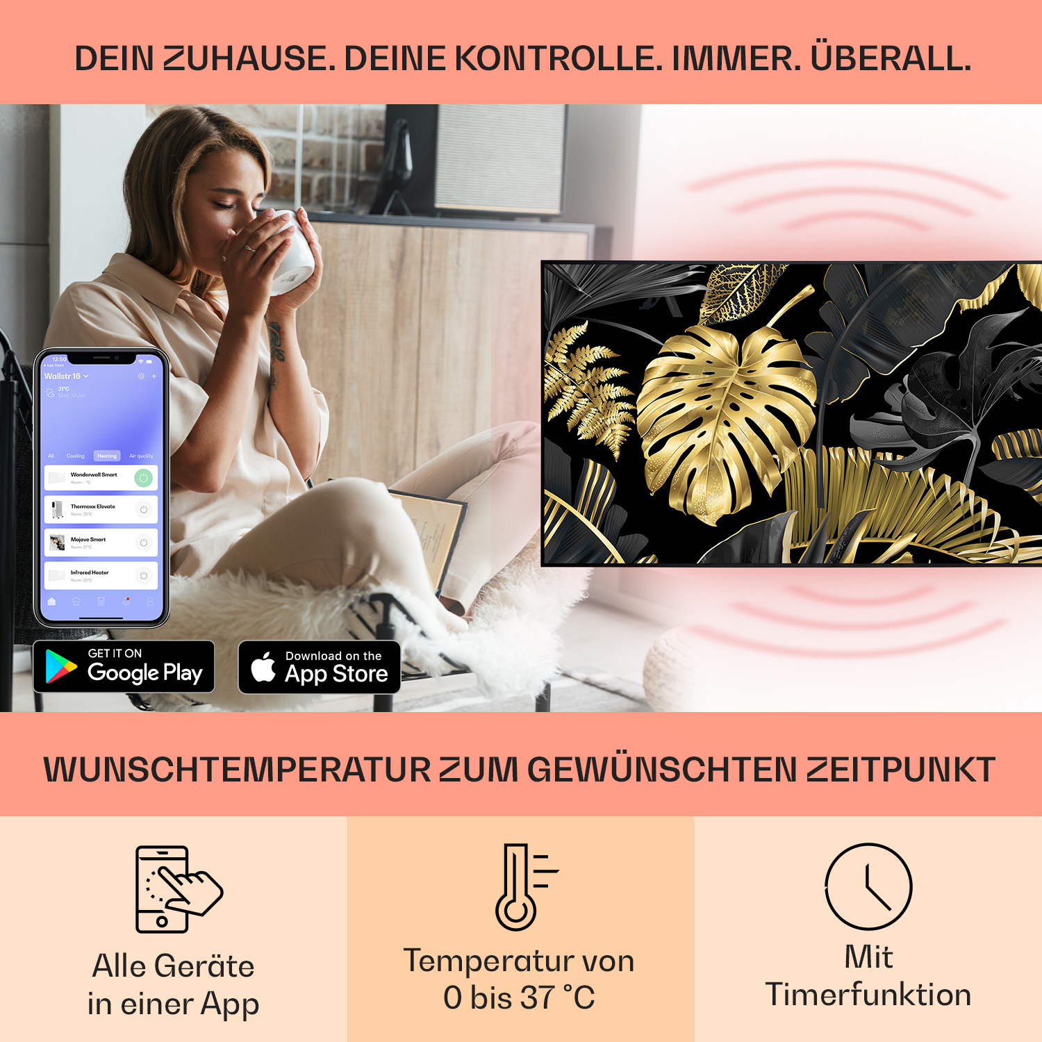 Frau trinkt aus einer Tasse, Smart-Home-App auf dem Telefon, moderne Kunst an der Wand.