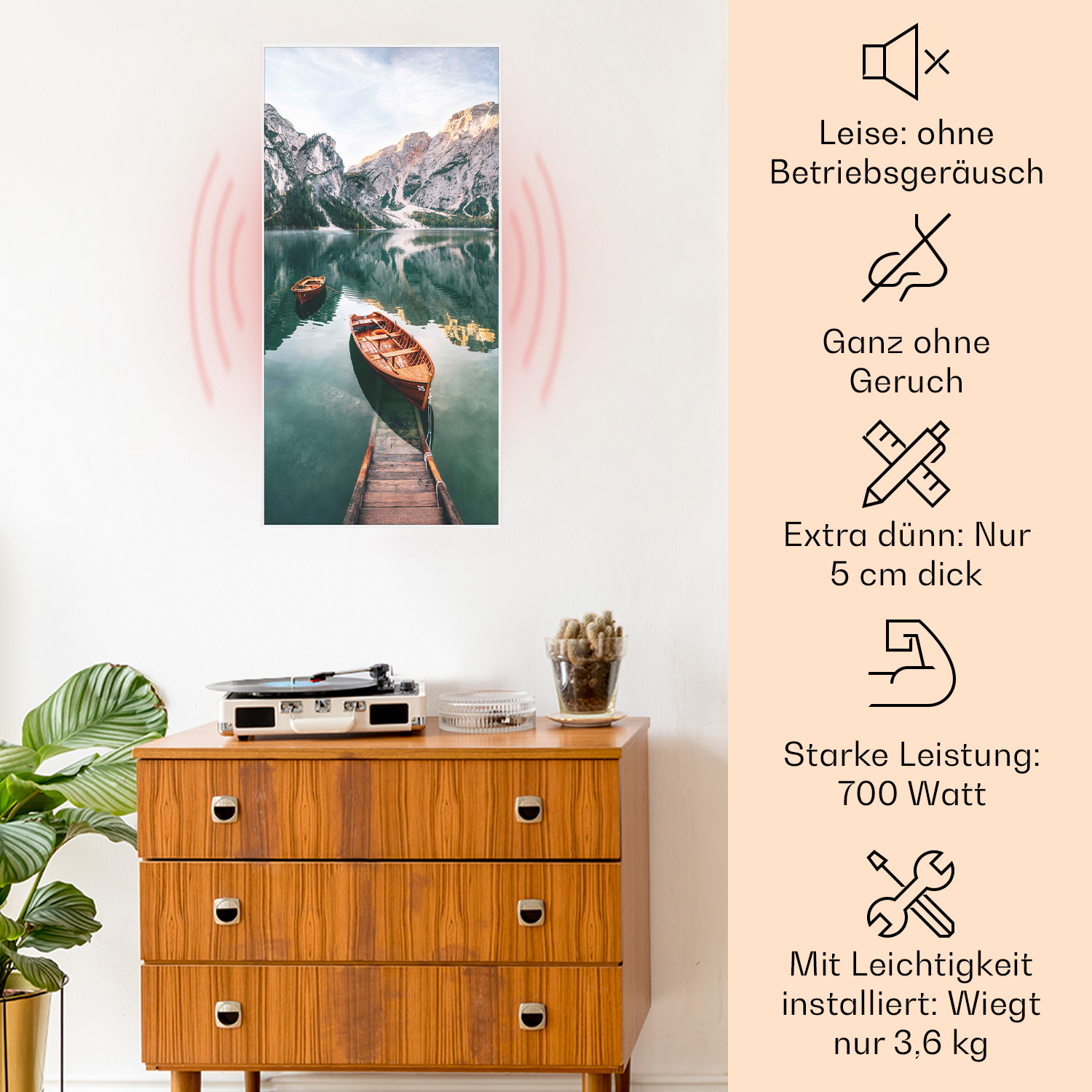 Landschaft mit See, Boot und Bergen. Heizung und Stereoanlage auf Holzschrank.