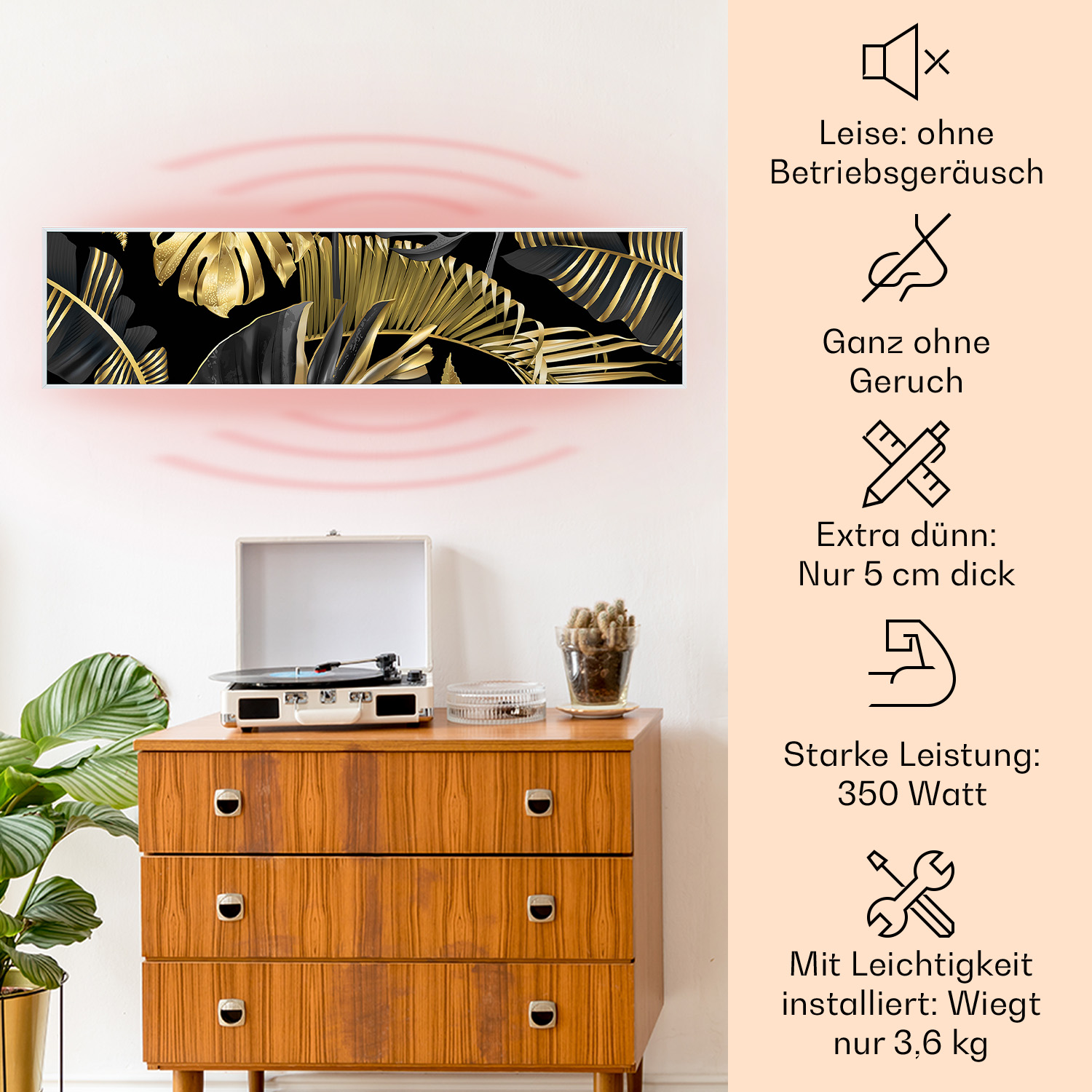 Eine dekorierte Wand mit Fernseher und Text. Davor stehen eine Kommode und ein Plattenspieler.
