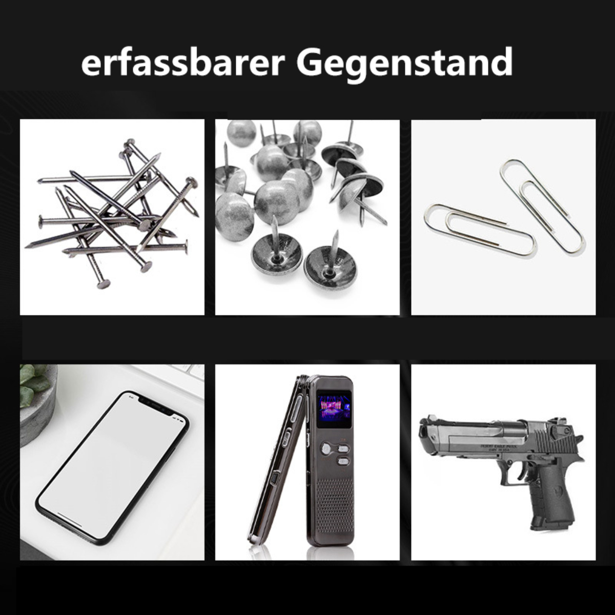Sammlung von Objekten: Nägel, Reißzwecken, Büroklammern, Telefon, Rekorder und eine Pistole, auf einer hellen Oberfläche.