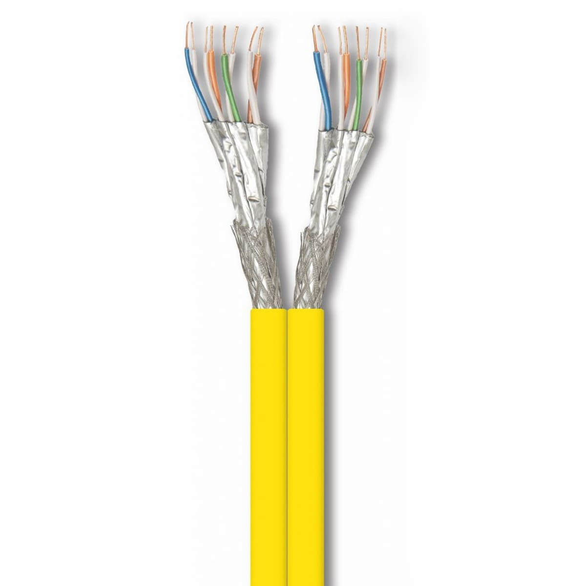 Zwei gelbe Kabel, jeweils mit mehreren Drähten aufgeteilt. Drähte haben unterschiedliche Farben. Weißer Hintergrund.