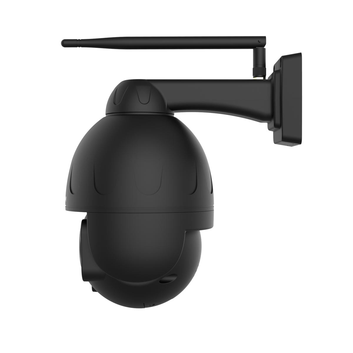 Eine schwarze Überwachungskamera an einer Wand montiert. Sie hat eine Antenne und eine abgerundete Form.