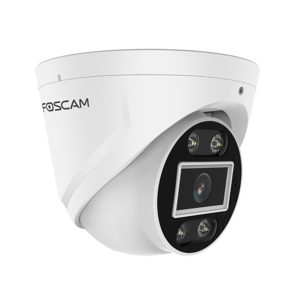 Cámara de seguridad Foscam blanca con área de lente negra. Tiene dos luces y un logo.