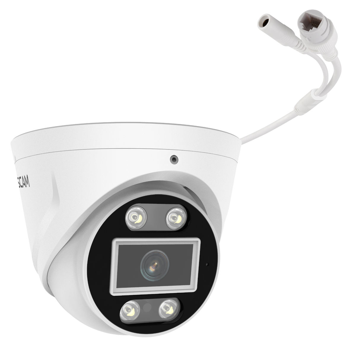 Primer plano de una cámara de seguridad blanca con lente, luces y cables. Está sobre un fondo blanco.
