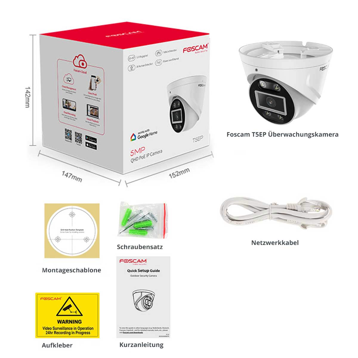 Cámara de vigilancia Foscam T5EP y su caja. Accesorios: plantilla de montaje y guía de inicio rápido.