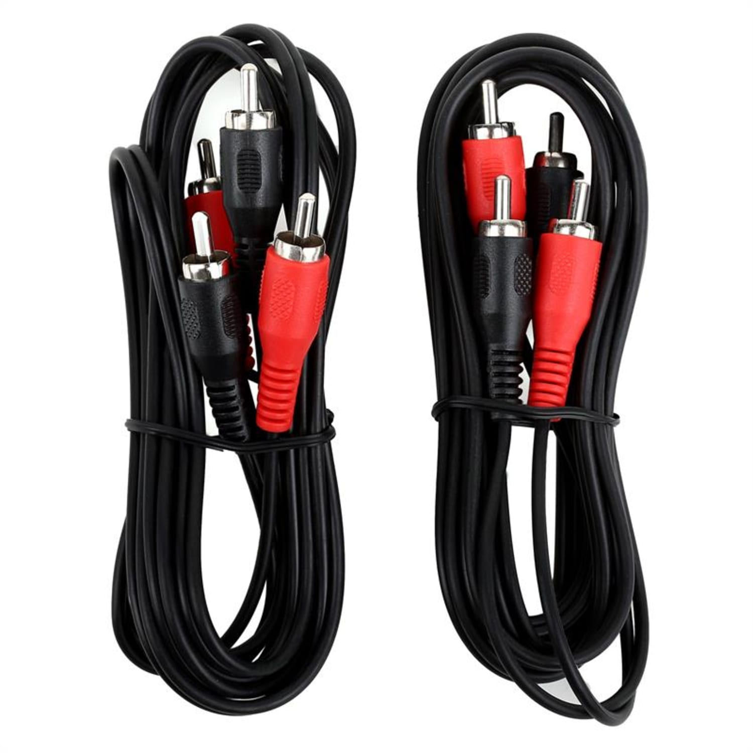Zwei Sätze schwarzer und roter Cinch-Kabel. Beide Sätze sind zusammengebunden.