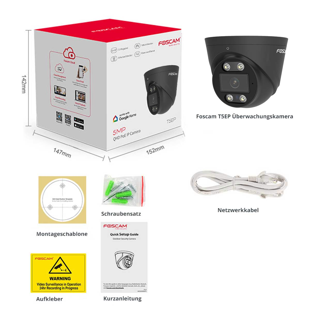 Konfiguracja produktu, w tym kamera, pudełko z wymiarami i akcesoria.