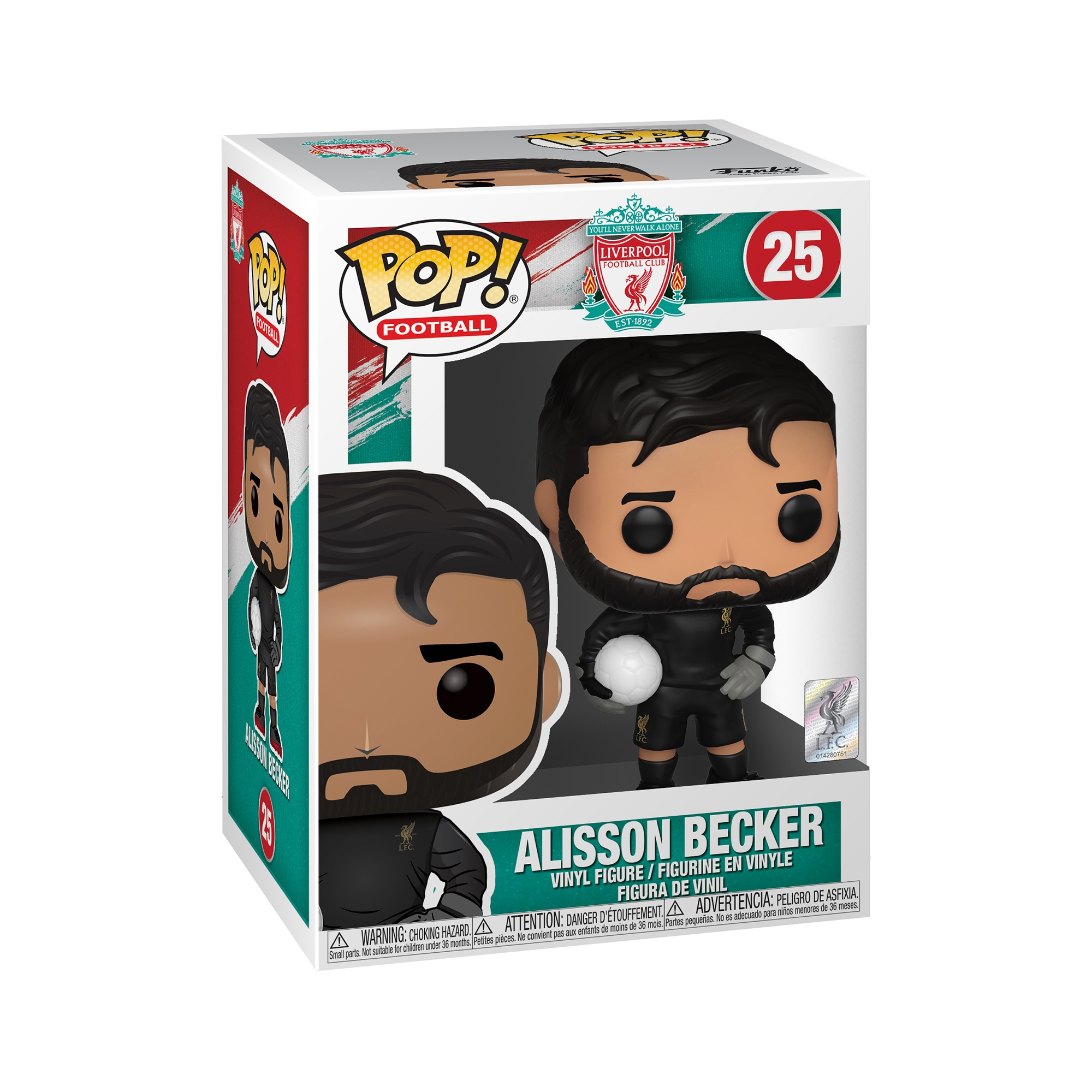 Eine Figur von Alisson Becker, einem Spieler des FC Liverpool, in einer Box.