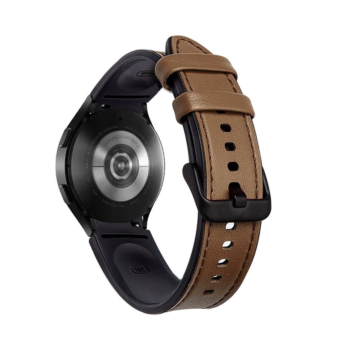 Schwarze Smartwatch mit braunem Lederarmband, von der Unterseite betrachtet. Das Armband ist befestigt.