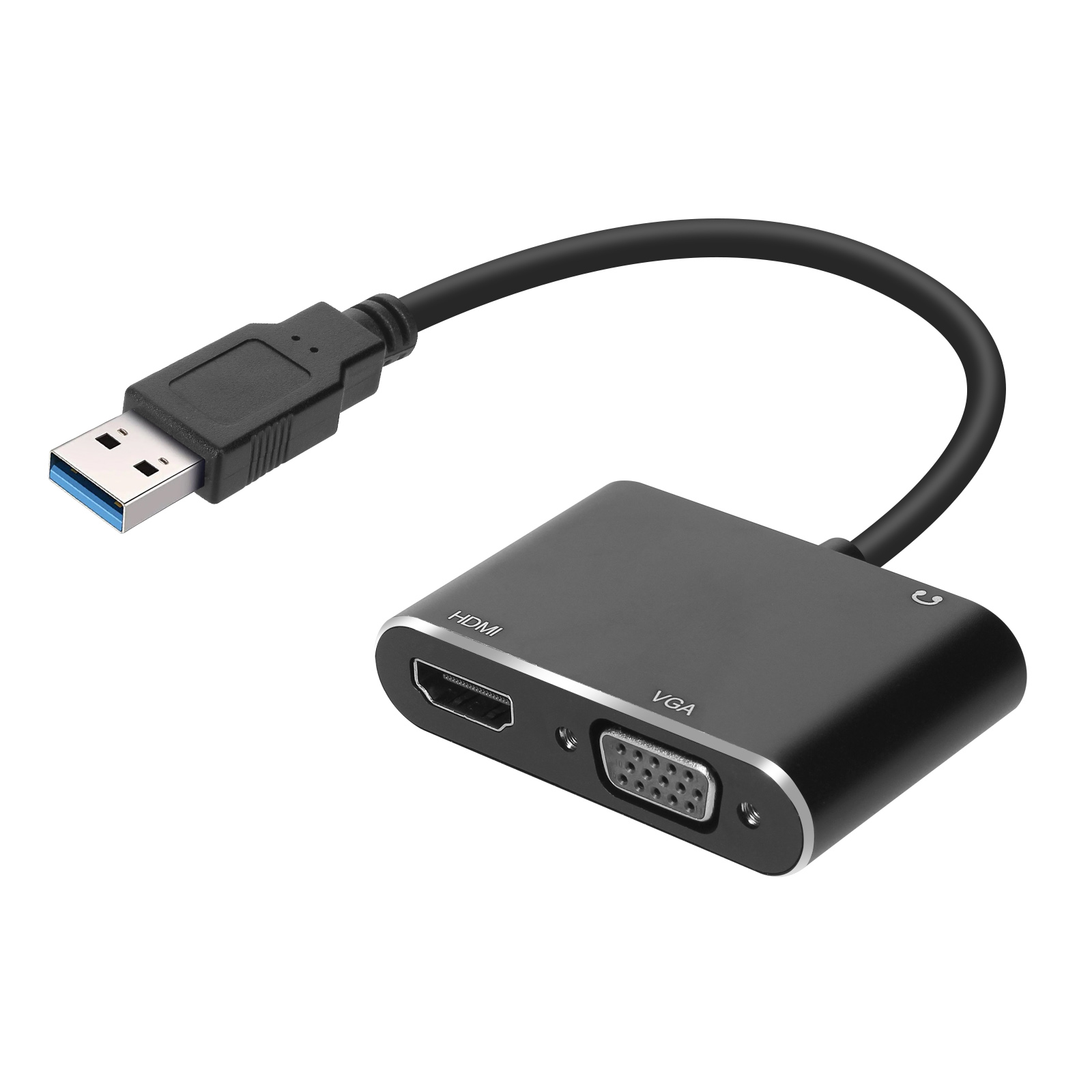 Adattatore da USB a HDMI e VGA. L'adattatore è nero e ha un connettore USB-A.