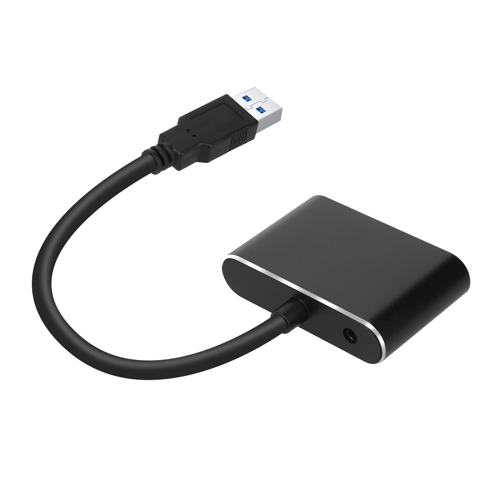 Un adattatore da USB a HDMI nero. Ha un cavo corto e una piccola scatola rettangolare.