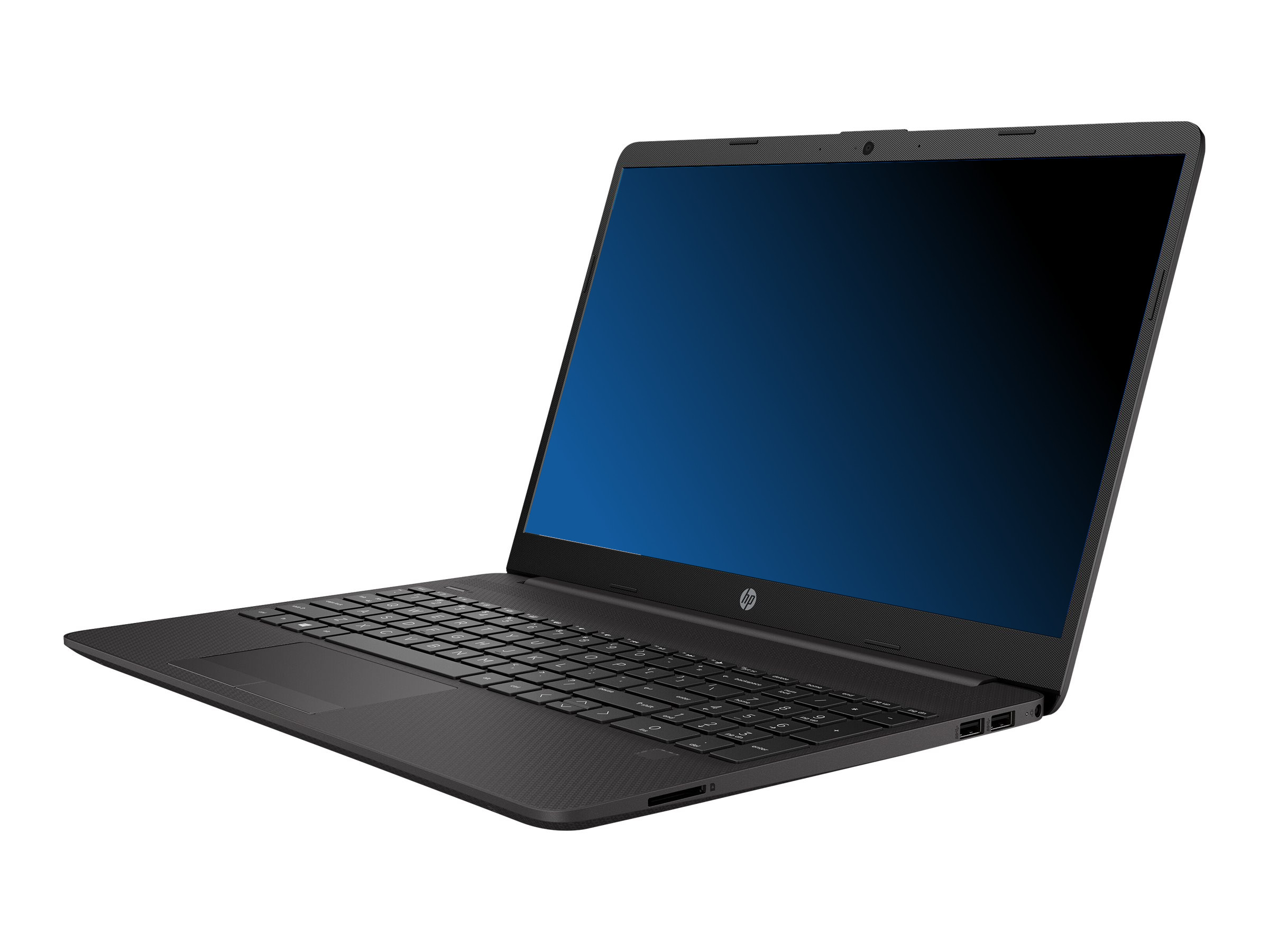Ordinateur portable noir avec écran sombre. Il est sur une surface blanche, fond blanc.