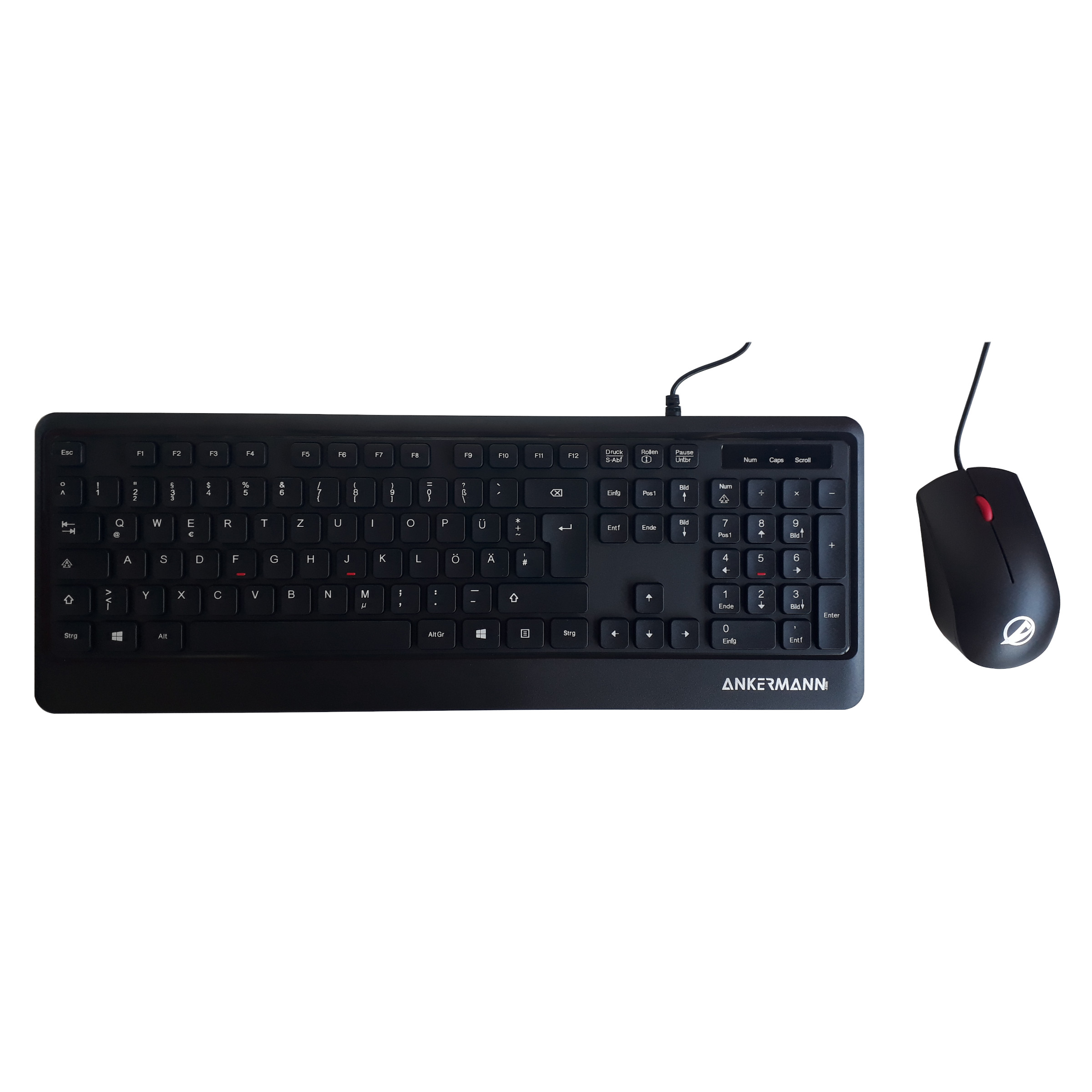 Clavier et souris noirs sur fond blanc. Le clavier est filaire avec le logo AnkerMann.