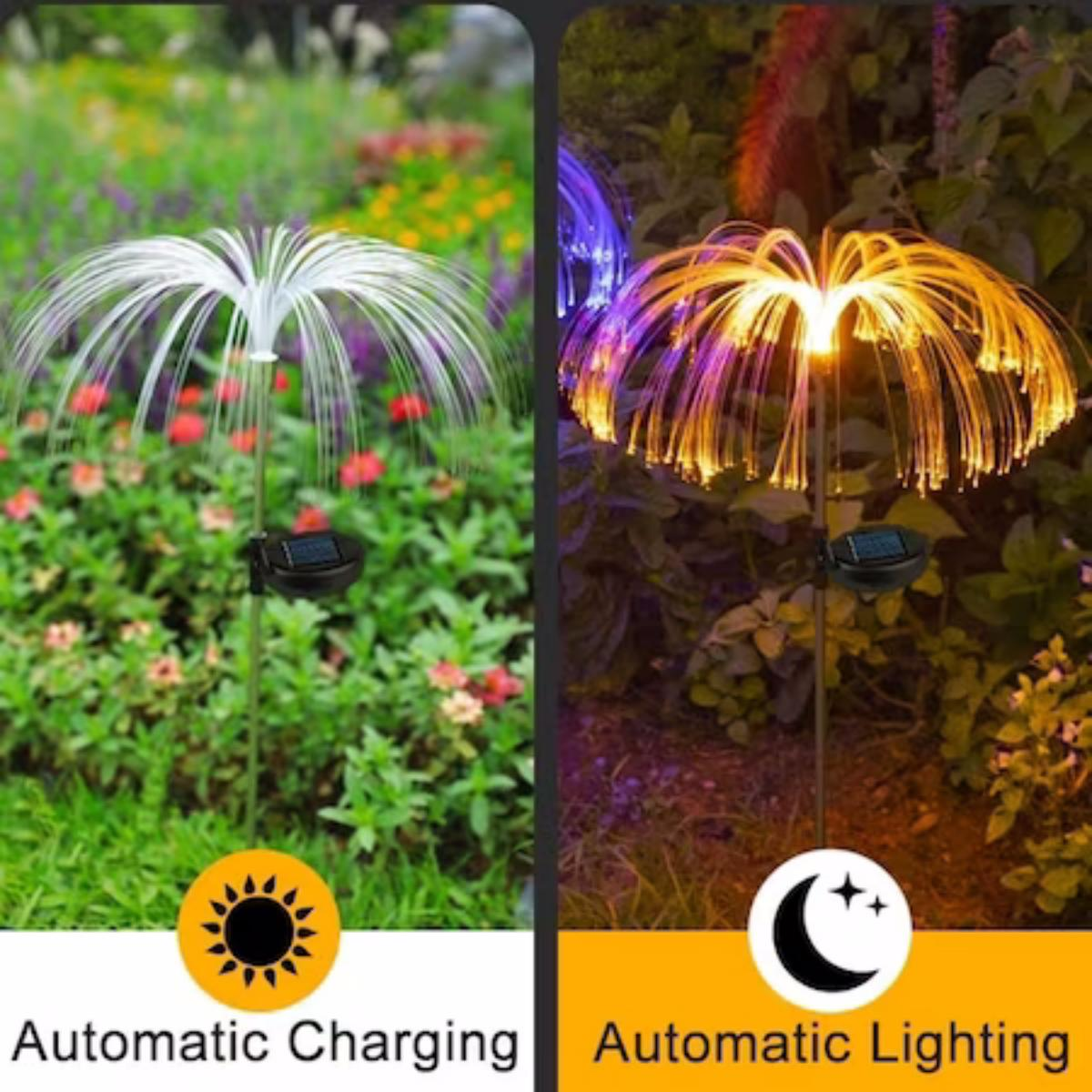 Solar-Gartenleuchte in Quallenform, tagsüber aufladend und nachts automatisch leuchtend.