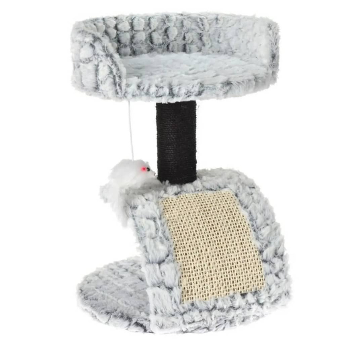 Un albero per gatti con pelo grigio e un tiragraffi. Sfondo bianco.