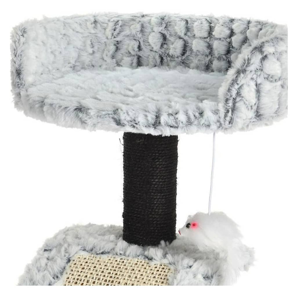 Albero per gatti con letto in peluche grigio, palo per graffi nero e topolino giocattolo.