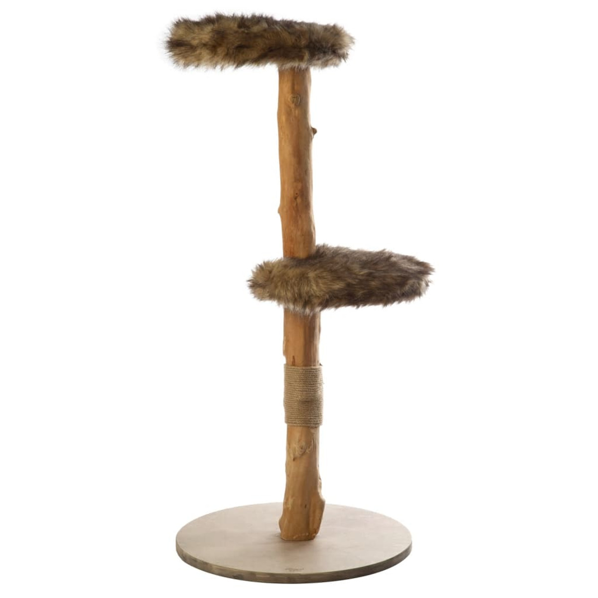 Ein Katzenbaum mit Holzrahmen und zwei Fellplattformen. Die Basis ist eine kreisförmige Holzplattform.