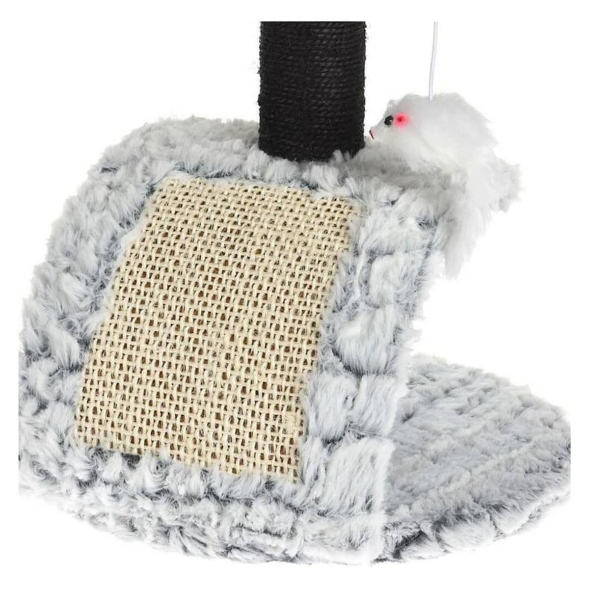 Un tiragraffi grigio per gatti con la parte superiore soffice e un palo di sisal. Lo sfondo è bianco.