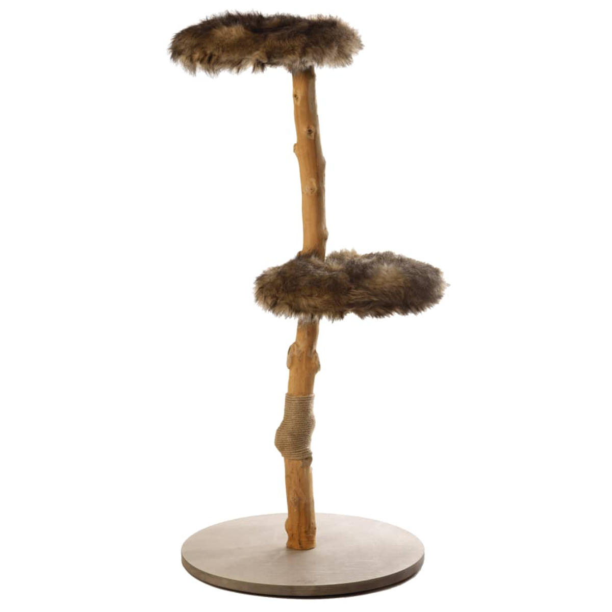 Katzenbaum mit zwei pelzigen Plattformen und einer Holzkonstruktion.