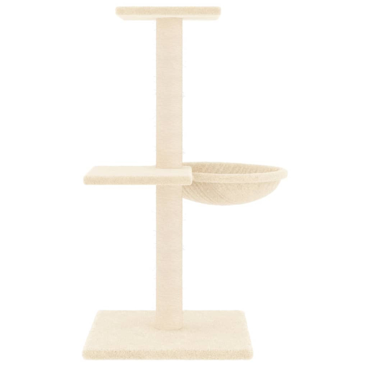 Beiger Kratzbaum mit quadratischer Basis, Kratzstamm, Plattform und schalenförmigem Bett.