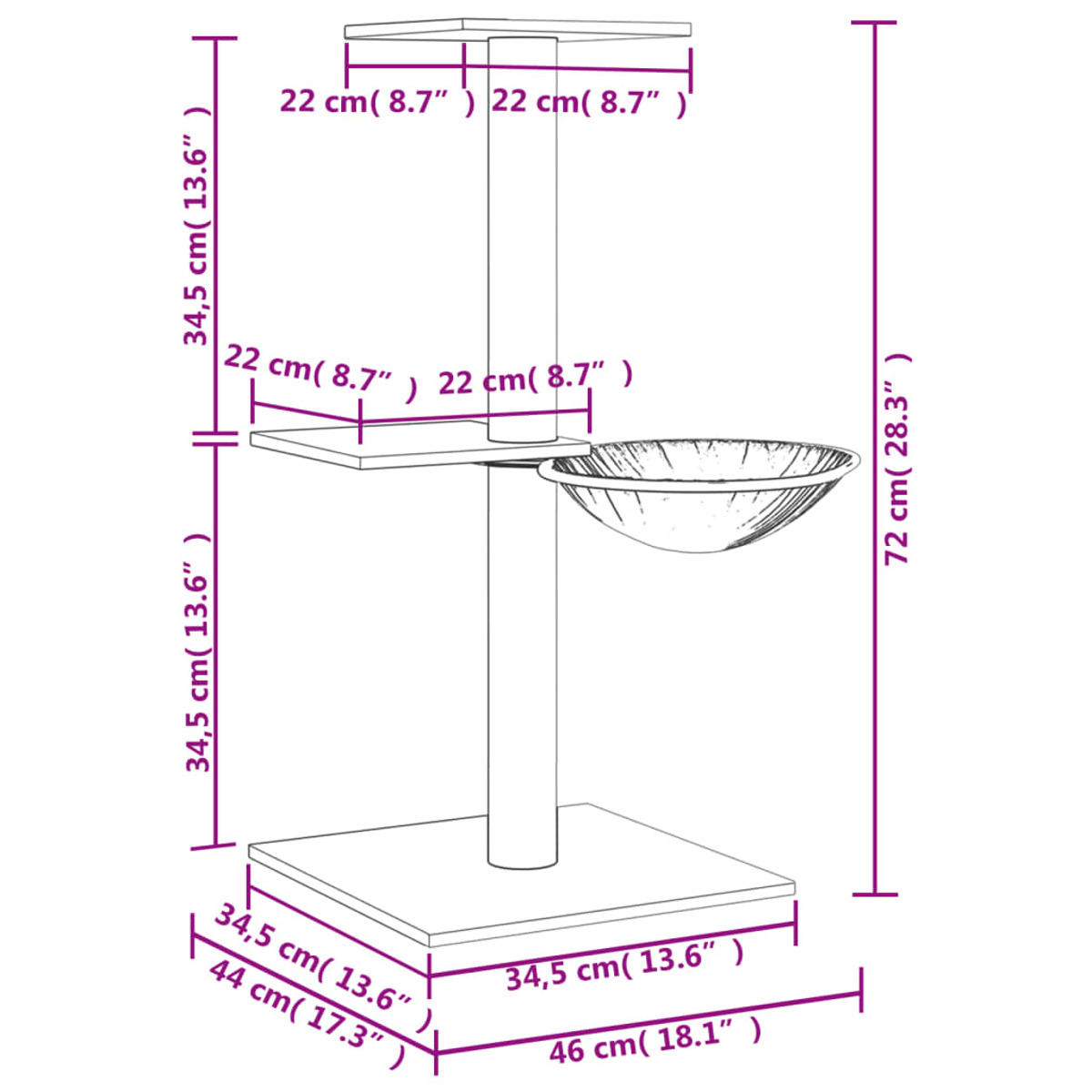Ein Diagramm mit den Abmessungen eines Katzenbaums. Der Baum hat eine quadratische Basis, zwei Plattformen, eine Schale und einen Pfosten.