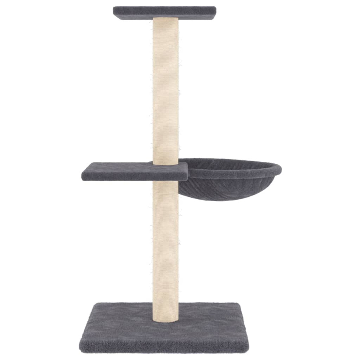 Ein grauer Katzenbaum mit quadratischer Basis, Kratzbaum, Plattform und geschwungenem Bett.