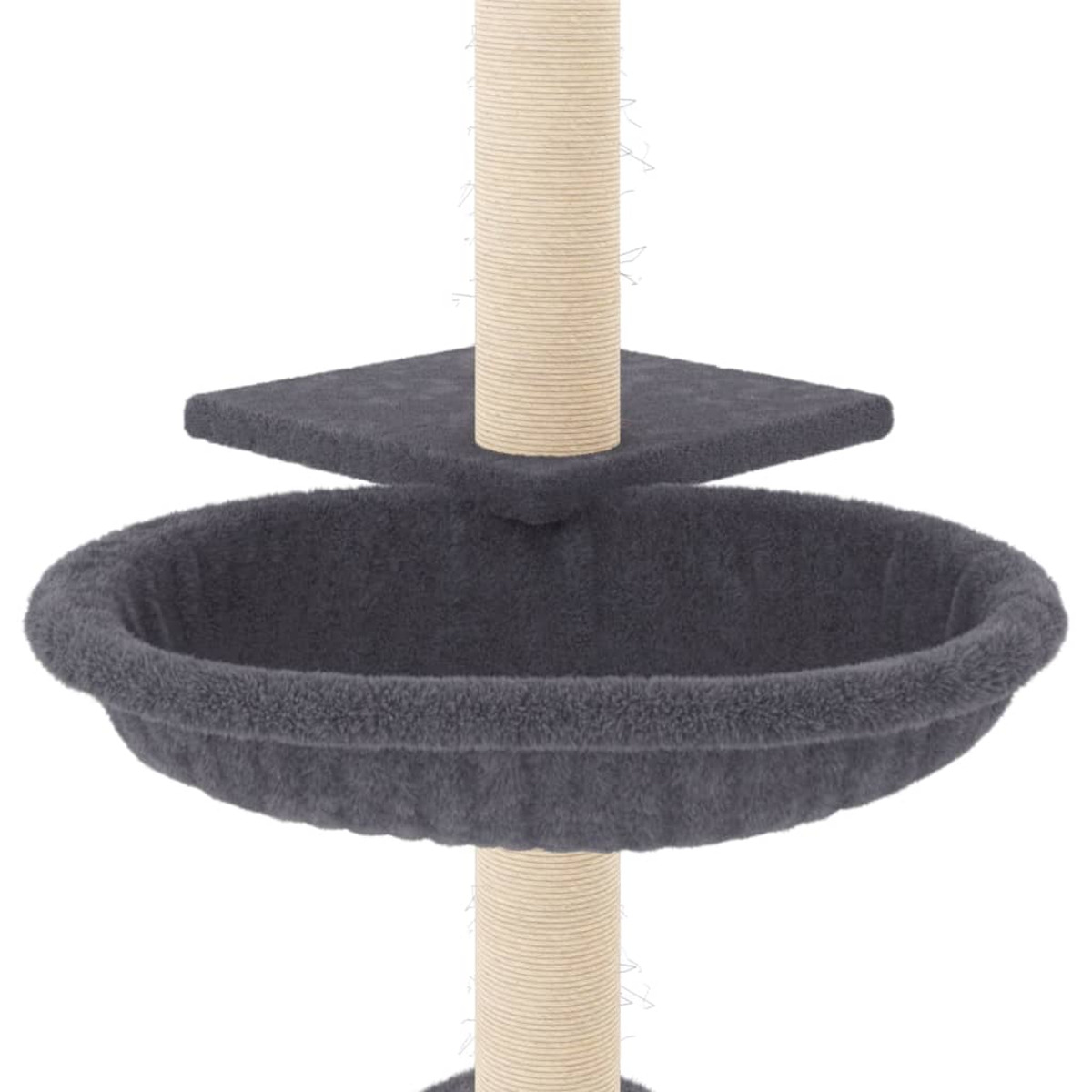 Ein grauer Katzenbaum mit Bett, Plattform und Kratzbaum. Isoliert auf Weiß.