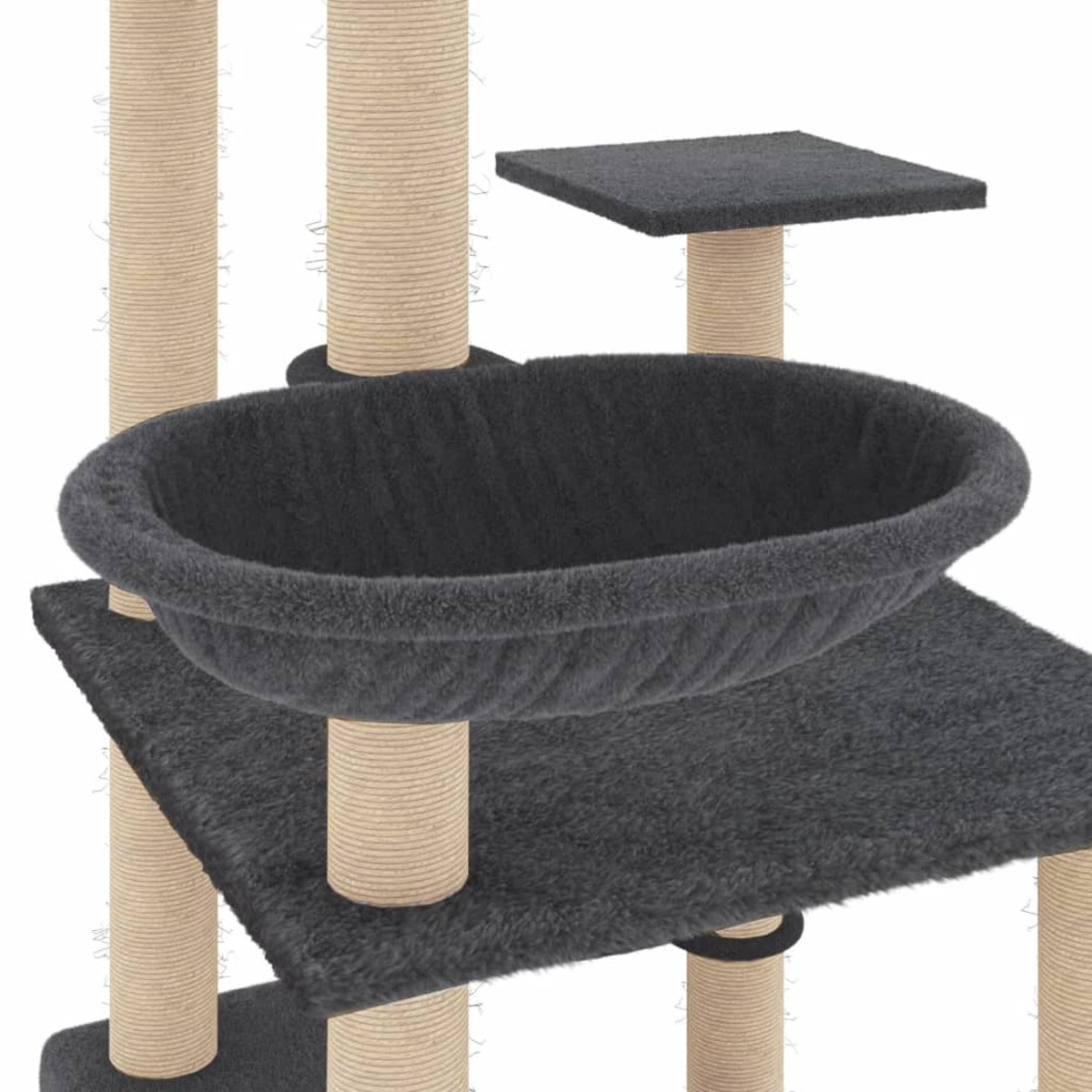 Ein mehrstöckiger Katzenbaum mit grauem Bett und Plattformen, auf weißem Grund.