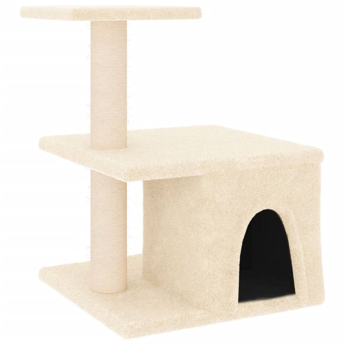 Ein beiger Katzenbaum mit Kratzbaum, Plattform und Katzenhaus.