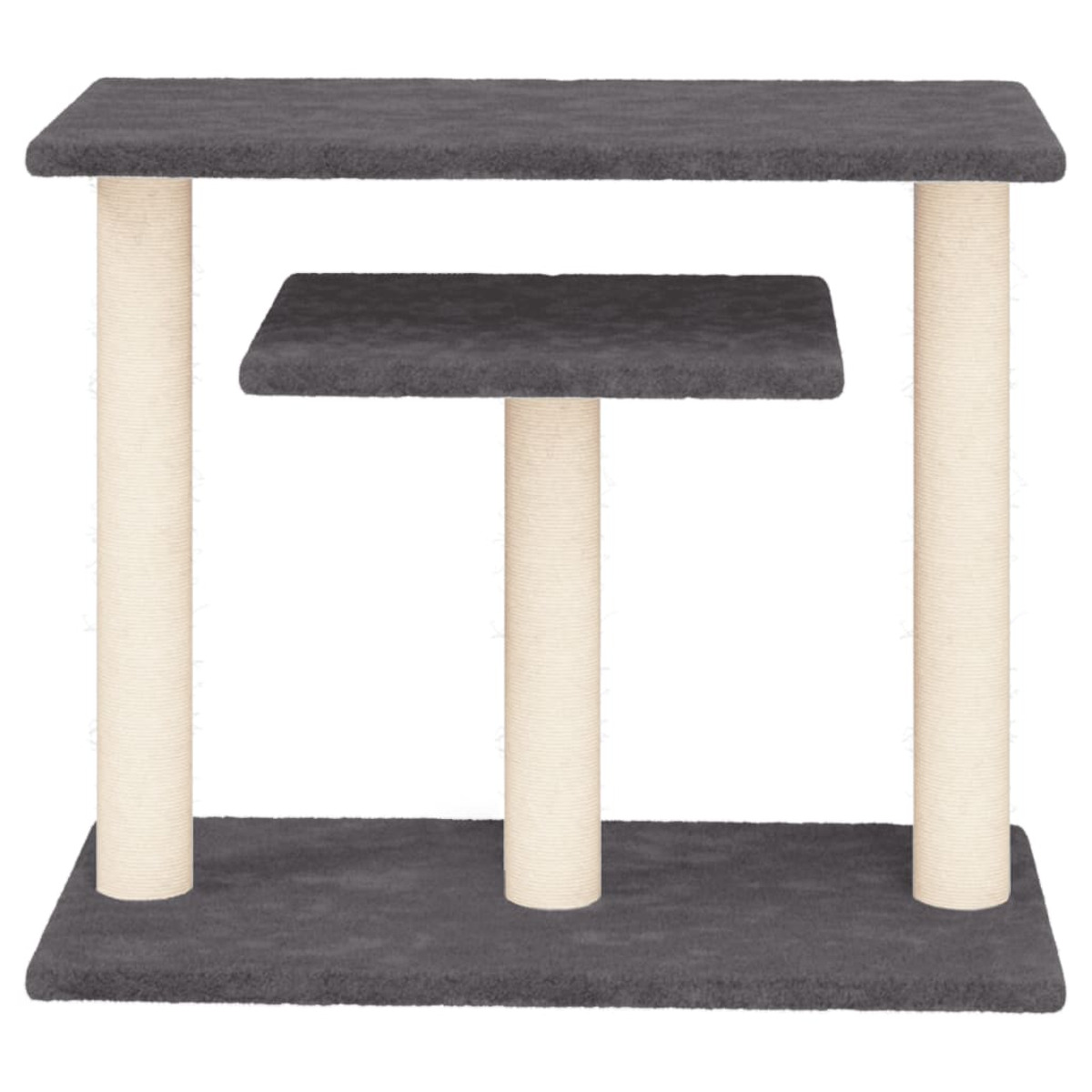 Ein grauer Katzenbaum mit Plattformen und Kratzbäumen auf weißem Hintergrund.