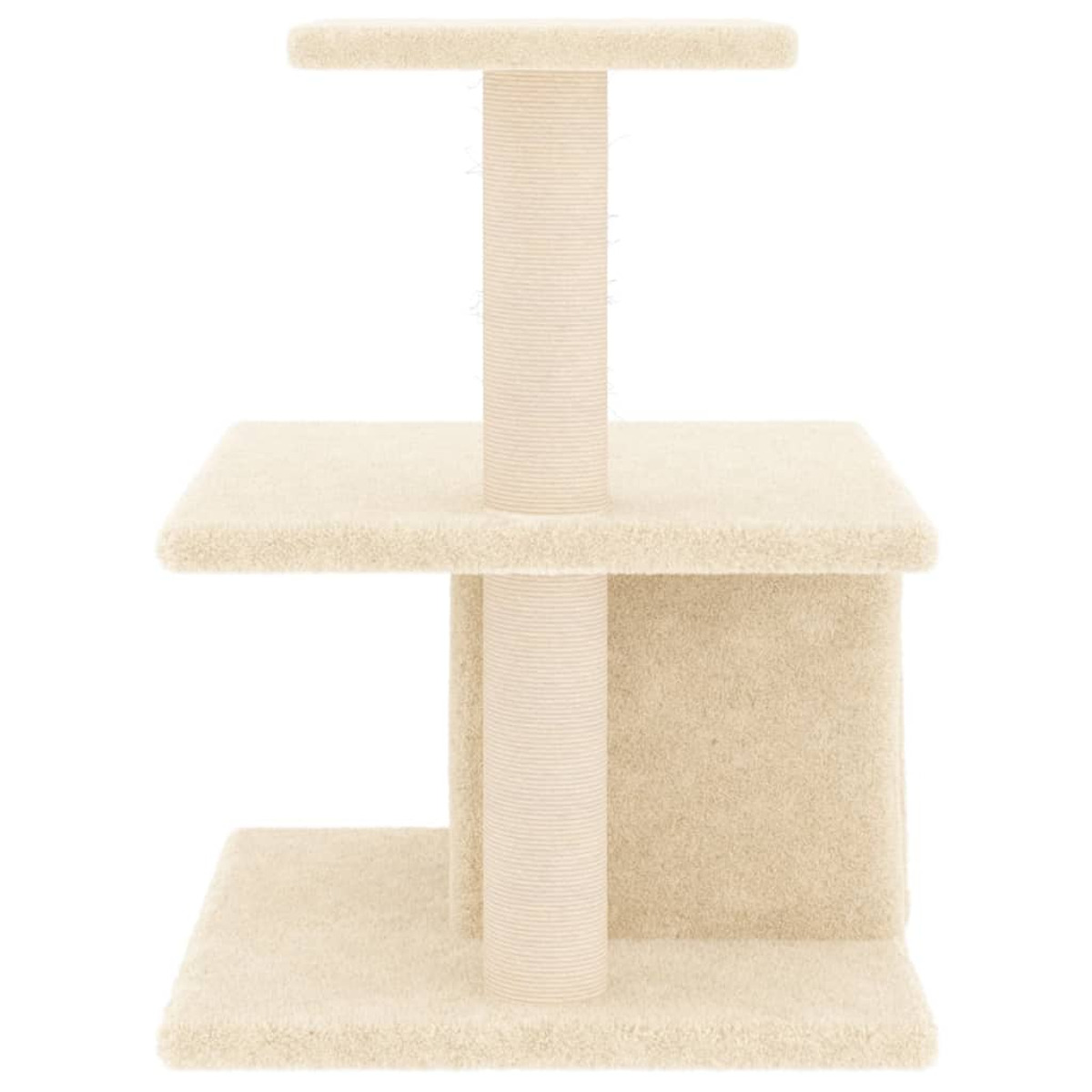 Beiger Katzenbaum mit mehreren Plattformen und einem Kratzbaum, auf weißem Hintergrund.