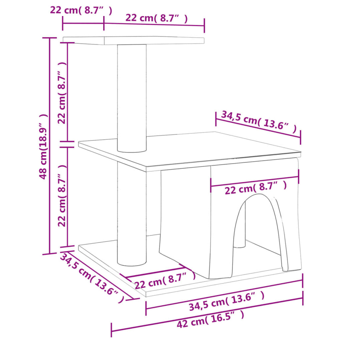 Ein Katzenbaum. Es hat eine Basis, eine Säule, eine Plattform und ein Katzenhaus. Abmessungen in cm.