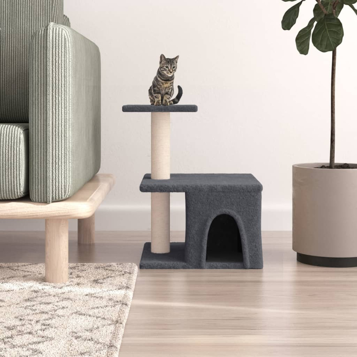 Katze auf einem Kratzbaum, mit Sofa und Pflanze im Hintergrund.