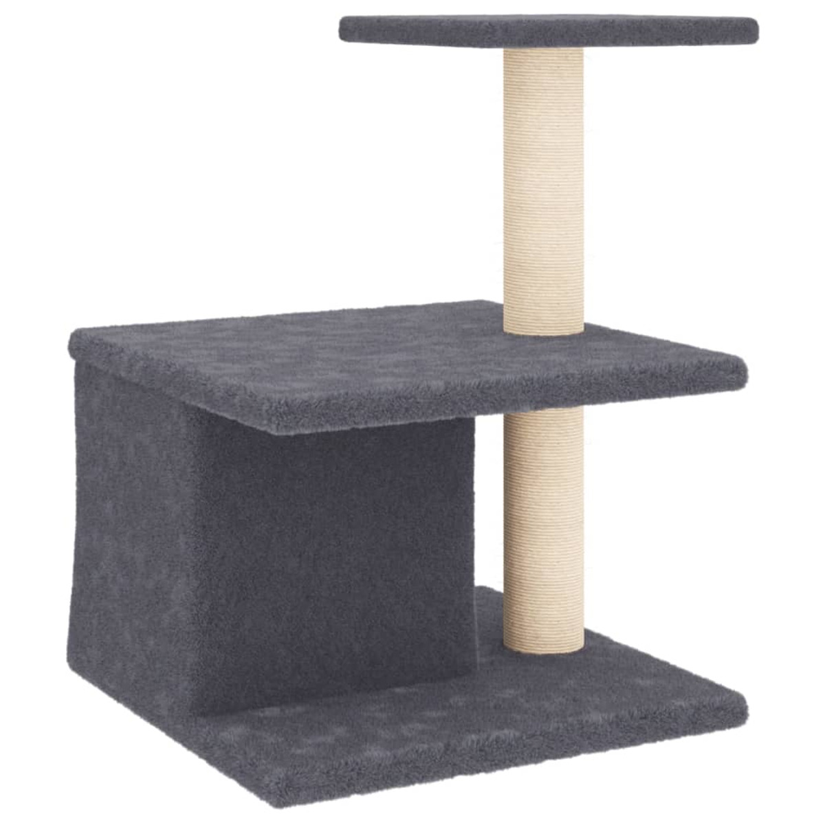 Grauer Katzenbaum mit zwei Plattformen und Kratzpfosten. Weißer Hintergrund.