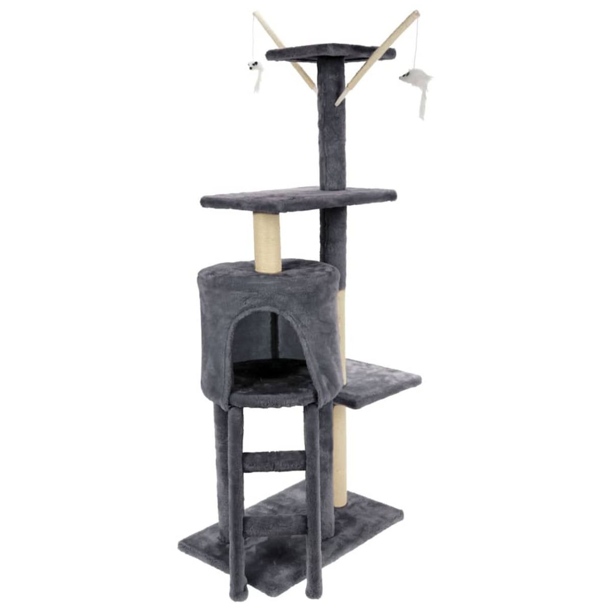 Albero per gatti grigio con più livelli, una grotta e giocattoli sospesi.