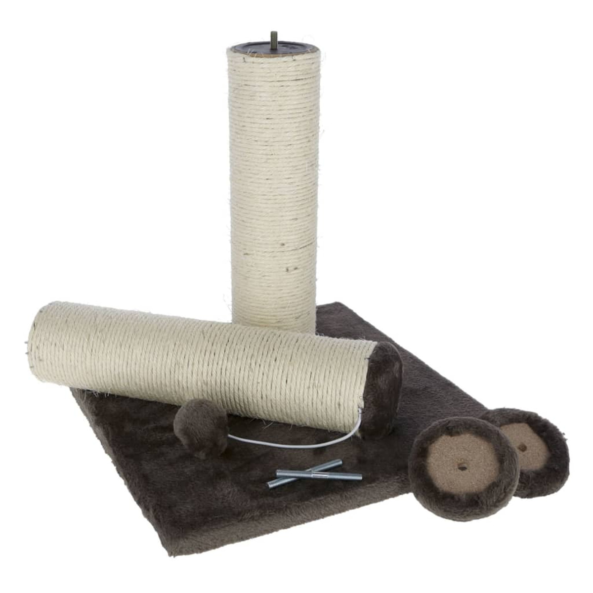 Rascador para gatos. Incluye un poste central envuelto en cuerda, dos postes más pequeños y una base rectangular.