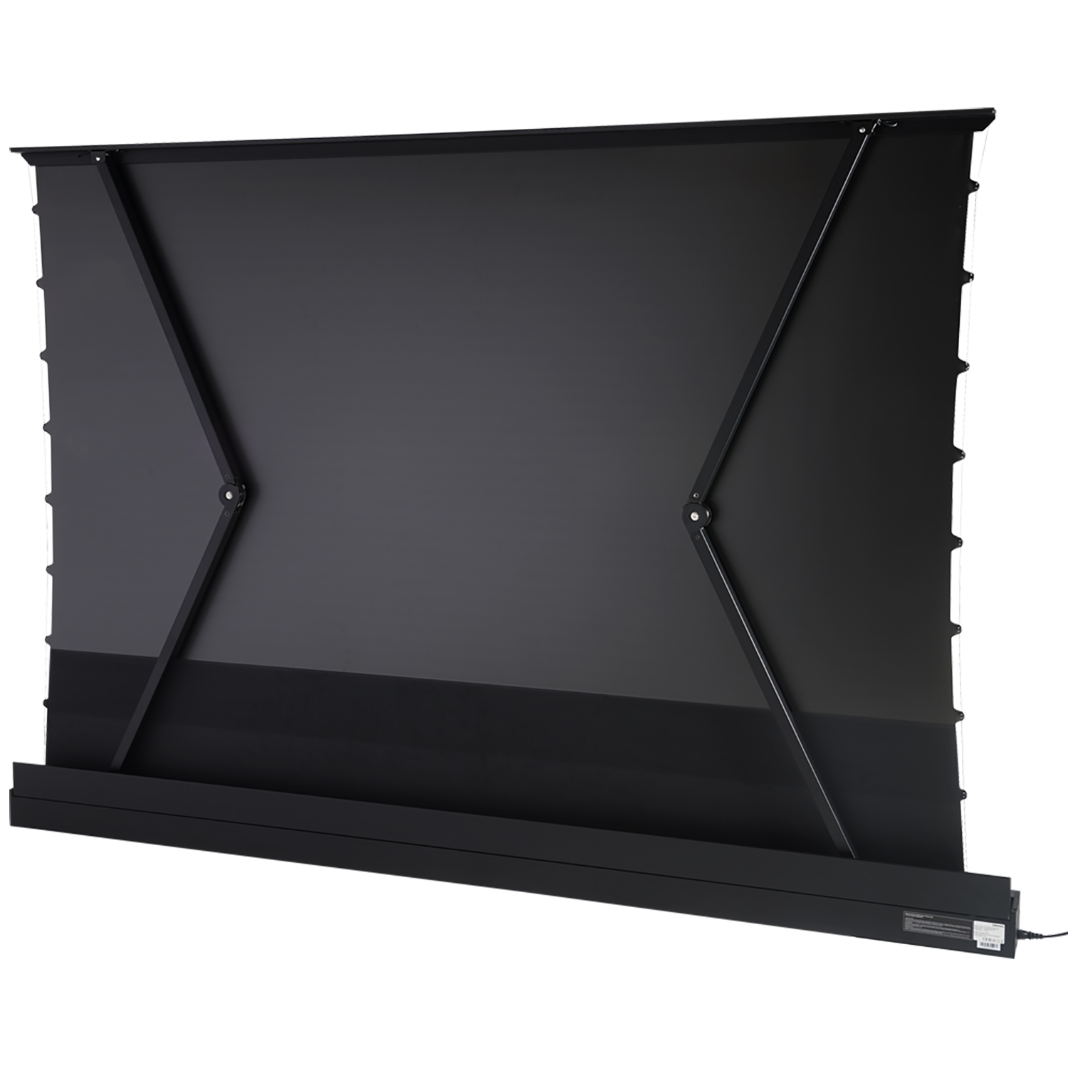 Eine versenkbare schwarze Projektorleinwand mit schwarzem Rahmen.
