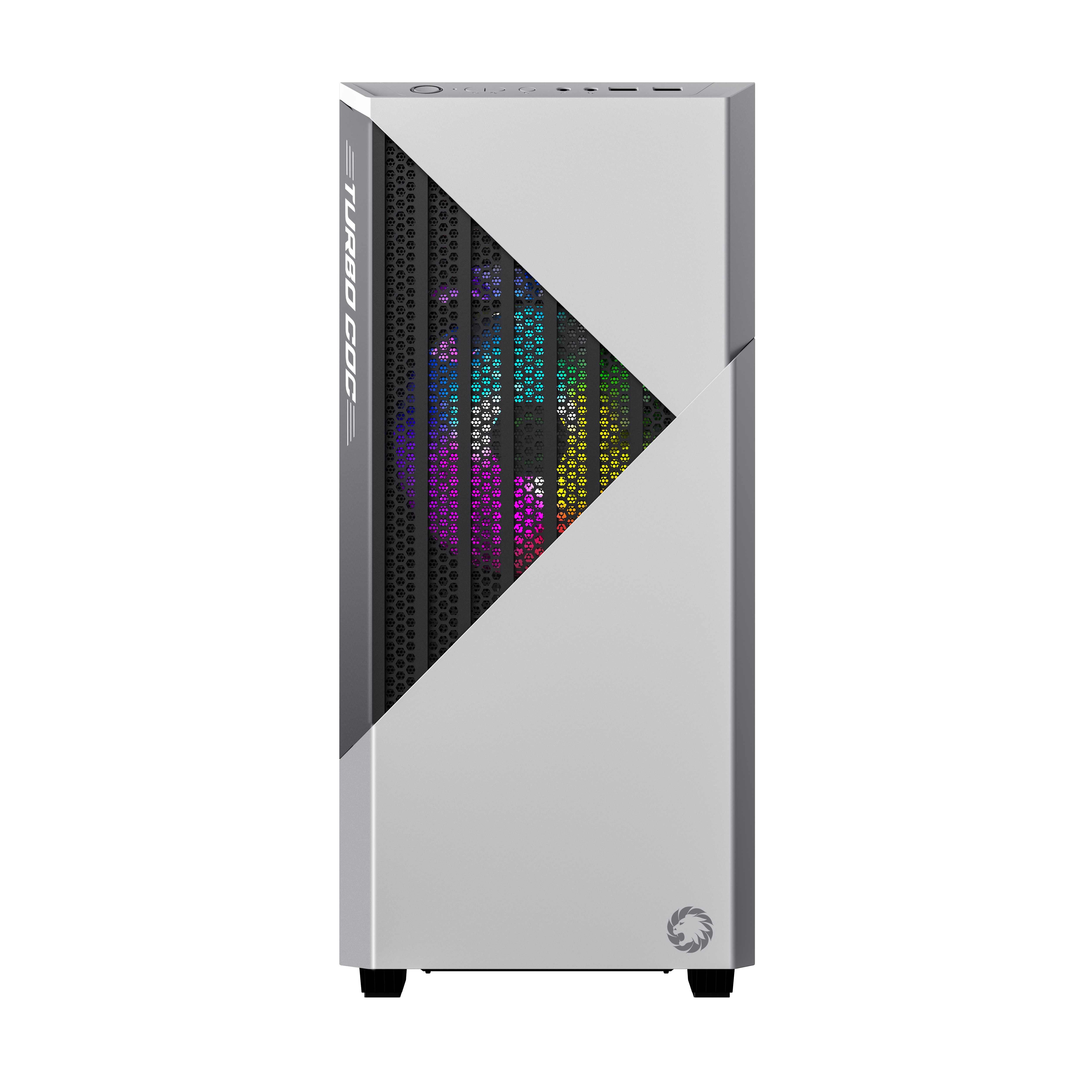 Silbernes Computergehäuse mit Mesh-Frontplatte und RGB-Beleuchtung.