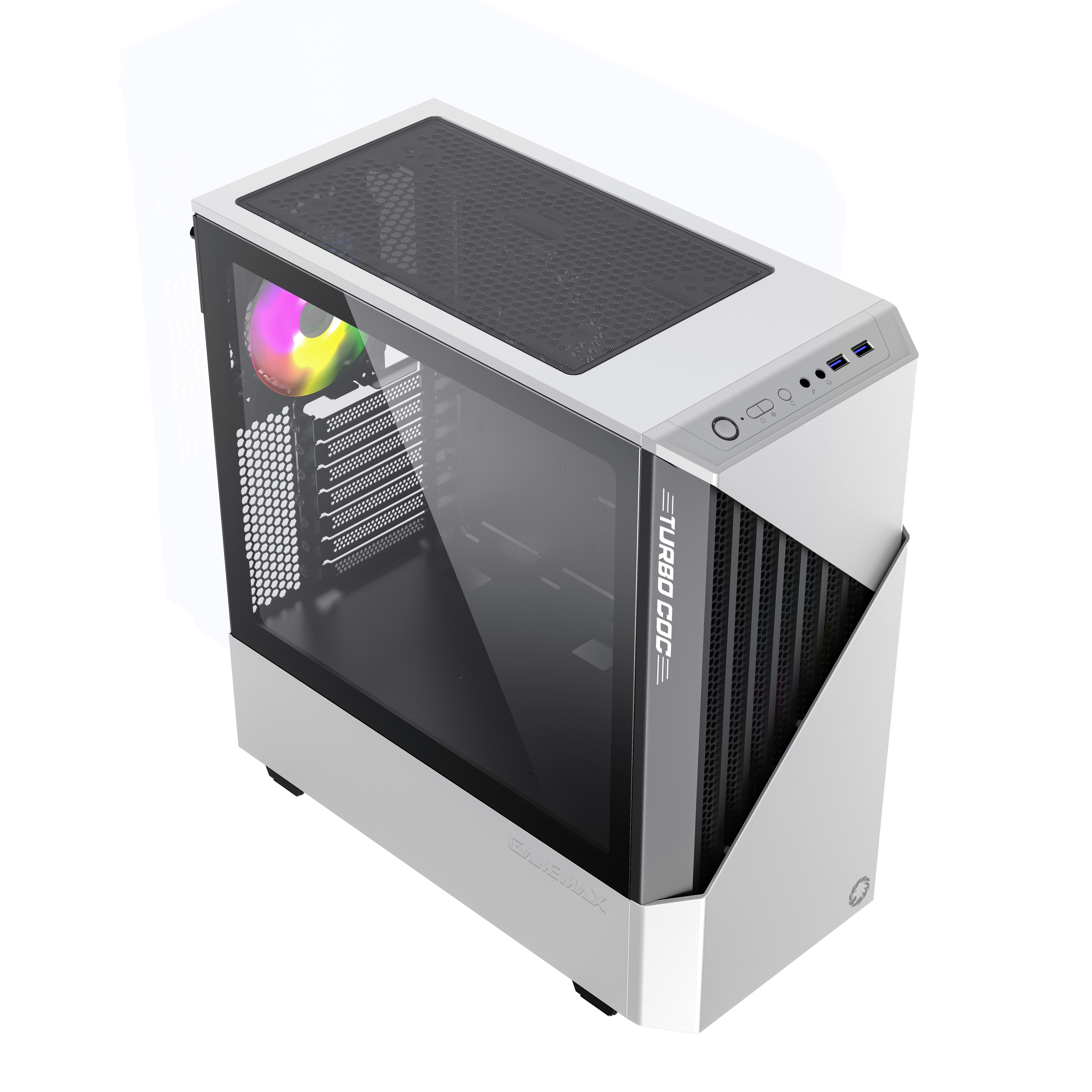Weißes Computergehäuse mit Glas-Seitenwand, Lüfter und schwarzem Mesh-Top.
