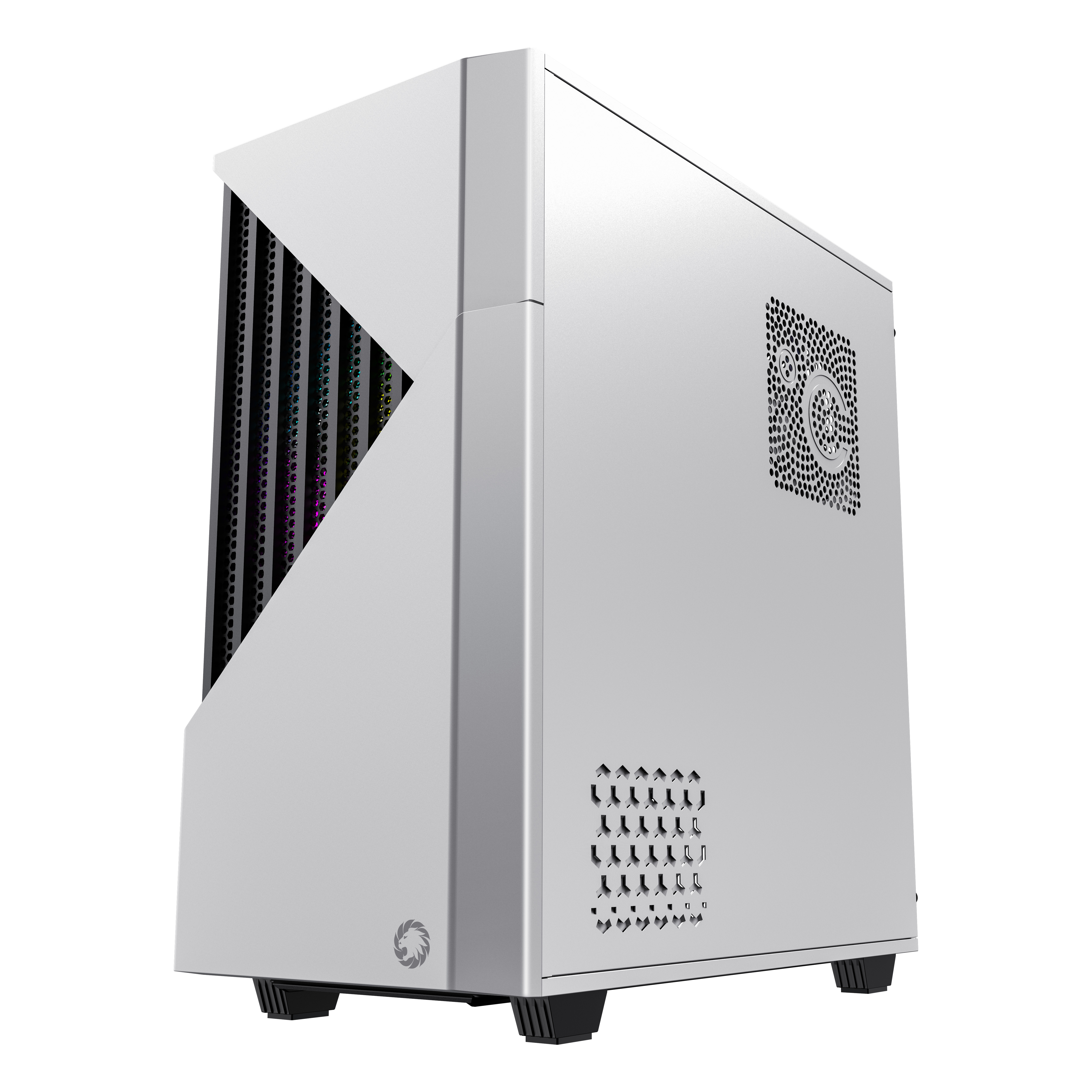 Weißes Computergehäuse mit einzigartigem, abgewinkeltem Design, Lüfterdetails und Lüftungsschlitzen.