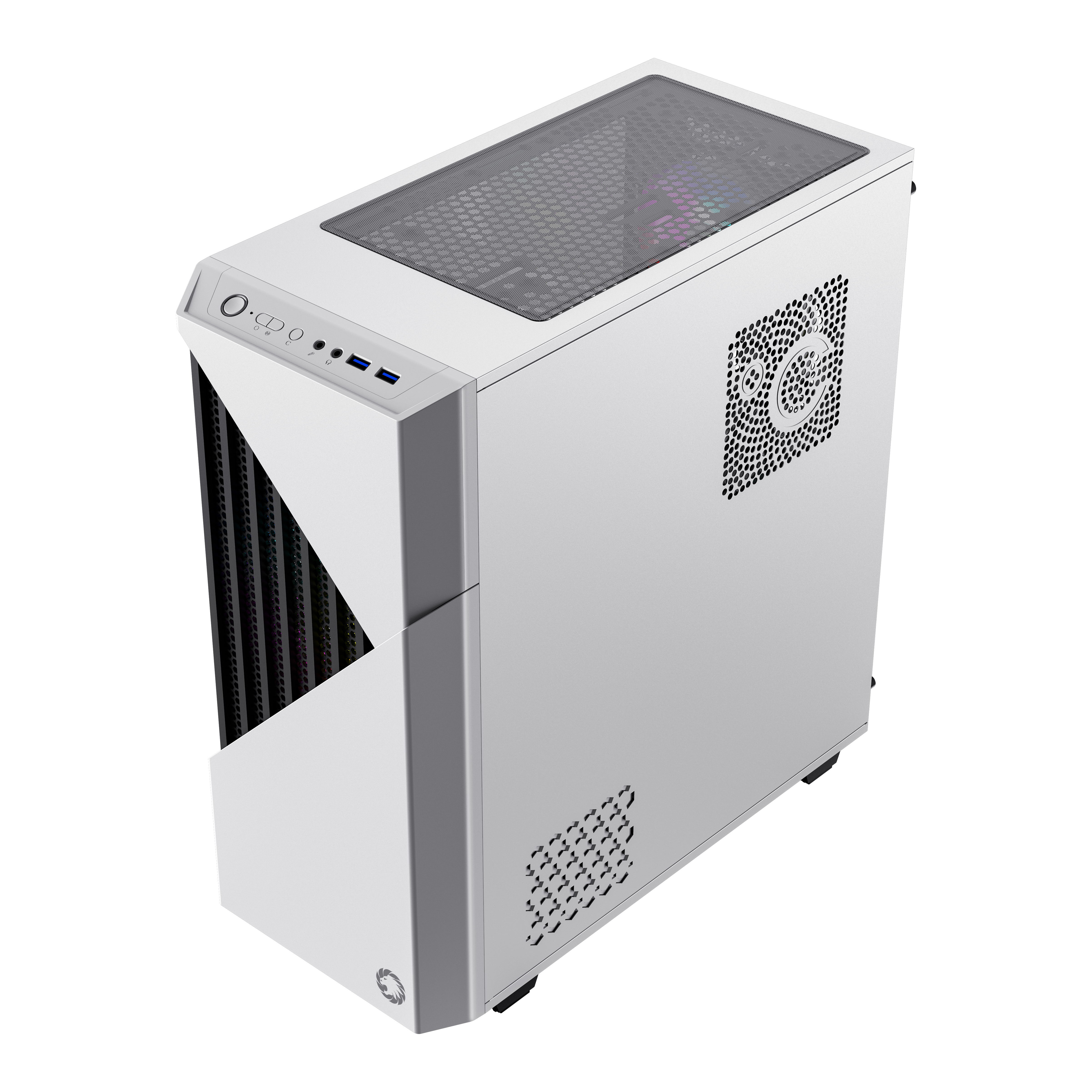 Ein weißes Computergehäuse mit Mesh-Front, schrägem Design und Lüftern.