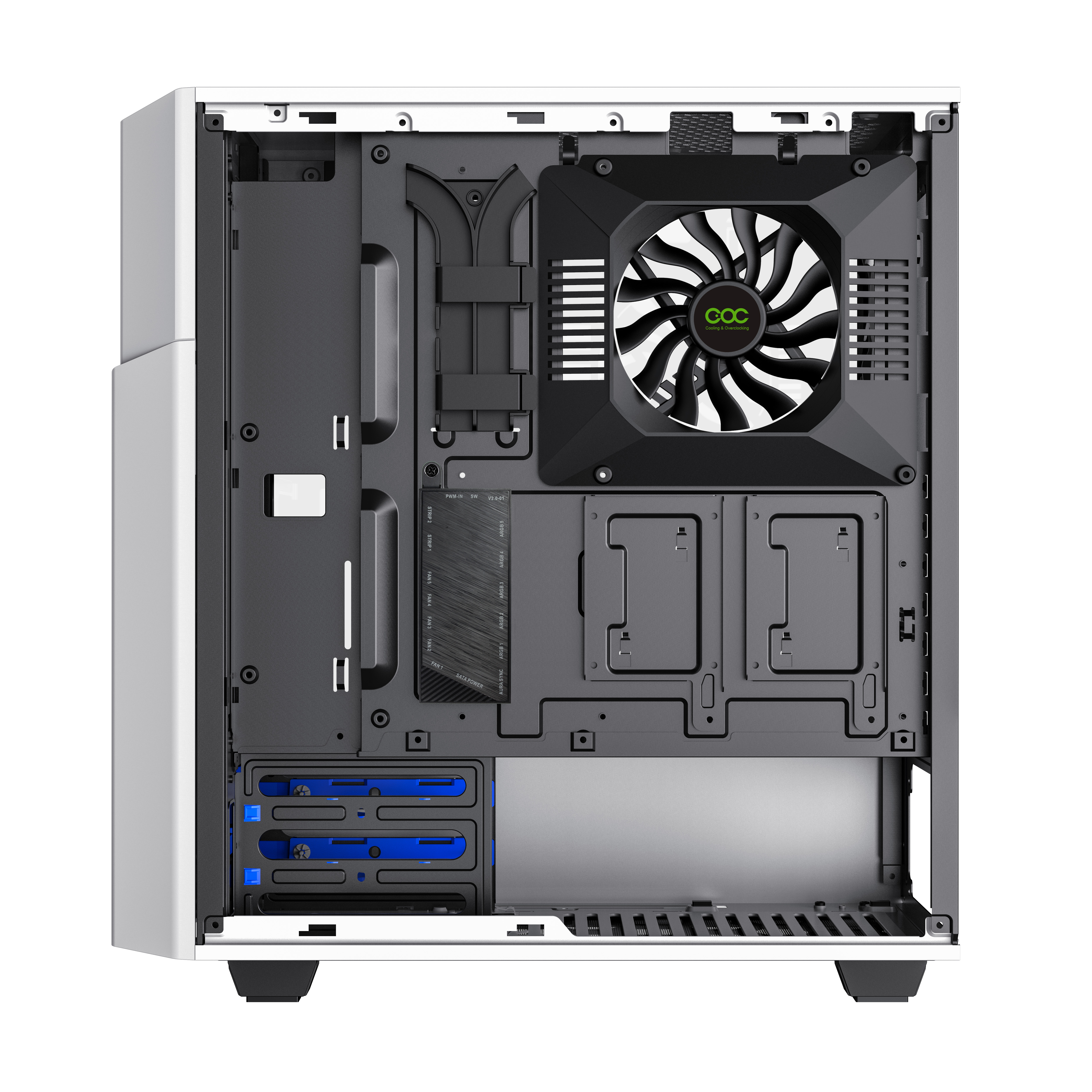Computergehäuse-Inneres mit Lüfter und Platz für Festplatten. Weiß und Silber.