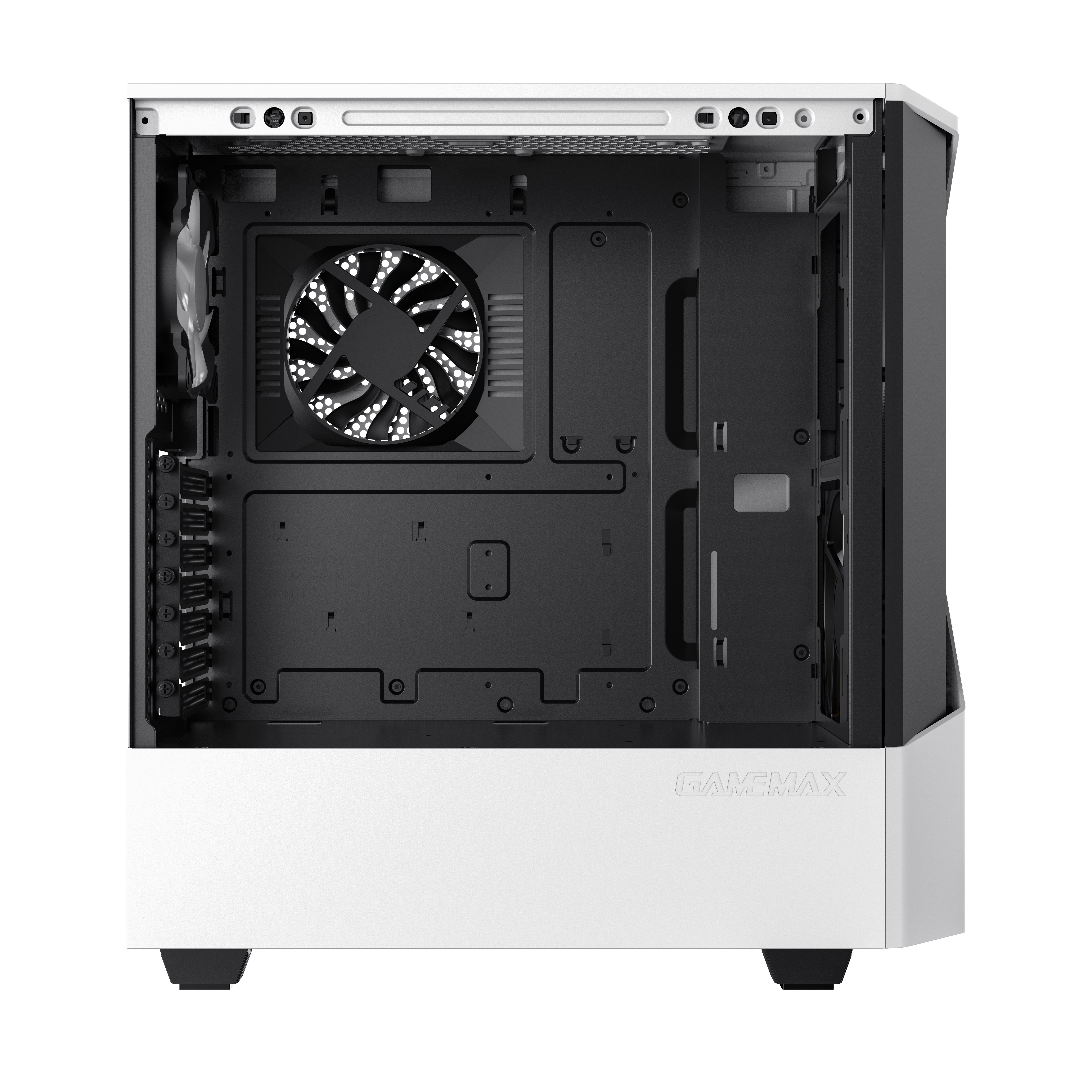 Ein offenes Computergehäuse mit Lüfter, schwarzem Innenraum und weißem Äußeren wird gezeigt.