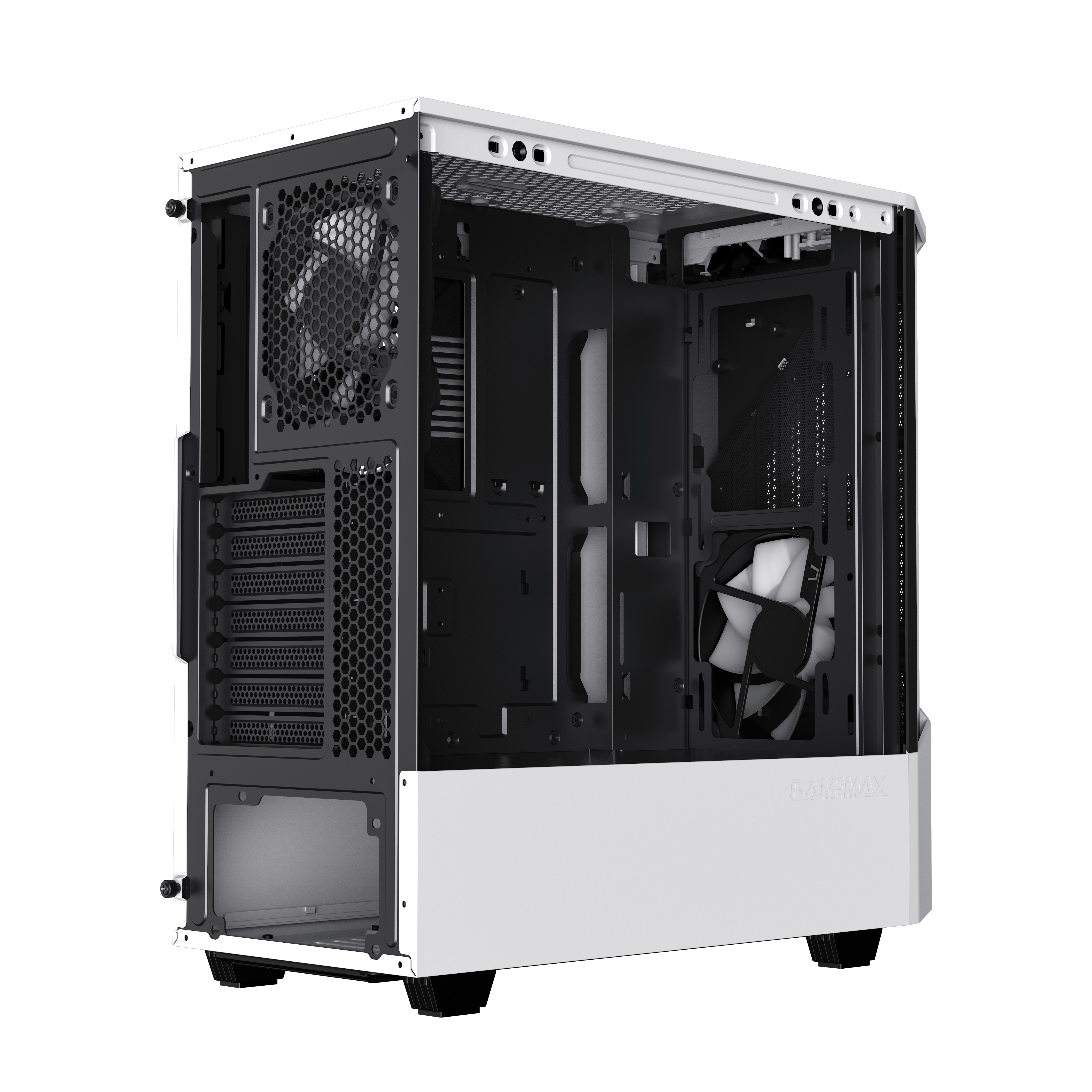Computergehäuse, offen mit Lüftern im Inneren. Das Gehäuse ist weiß mit schwarzen Innendetails.