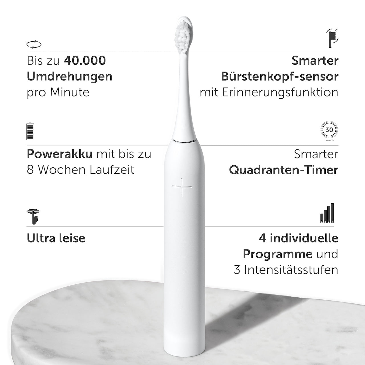 Weiße elektrische Zahnbürste mit Funktionen wie Umdrehungen pro Minute, Akkulaufzeit und Quadranten-Timer.