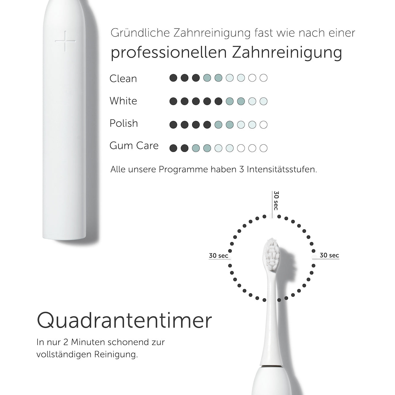 Infografik über Zahnputzmodi und einen Quadranten-Timer mit einer Zahnbürste.