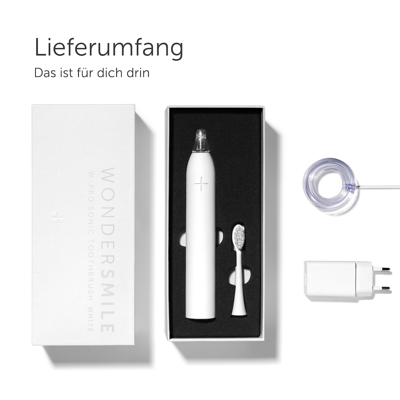 Weiße elektrische Zahnbürste und Ladegerät, verpackt in weißer Box, mit offener Box.
