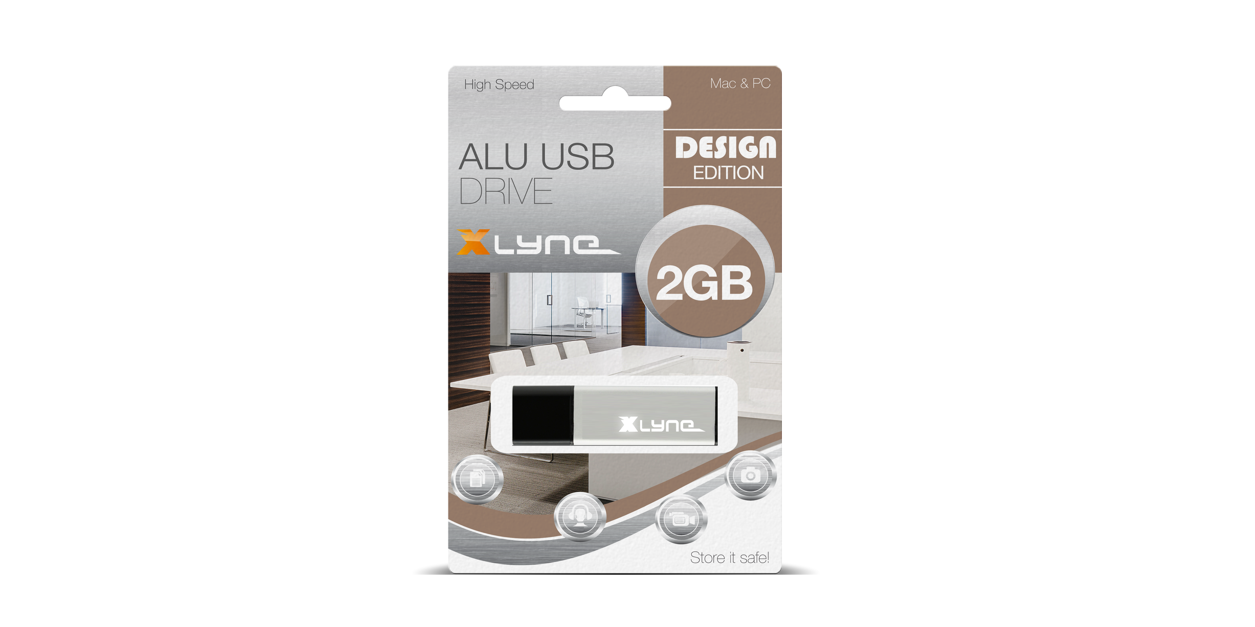 USB-Stick-Verpackung. Text: ALU USB DRIVE, 2GB. Metallischer USB-Stick darin. Design Edition.