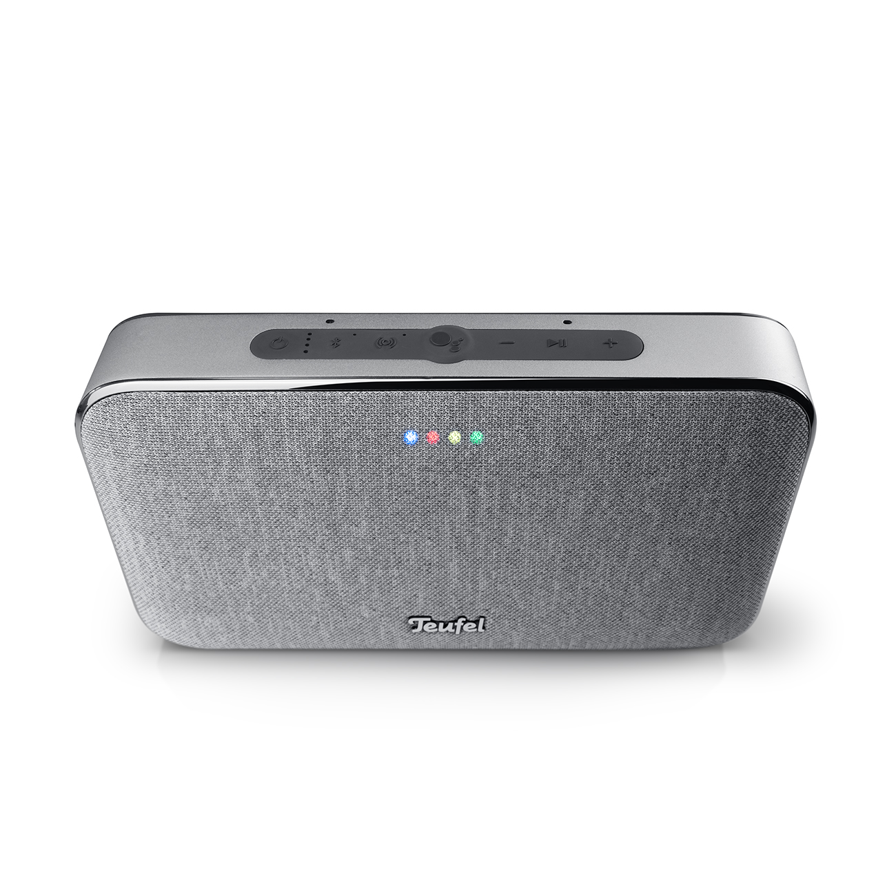 Een zilveren speaker met een grijze stoffen voorkant en knoppen.